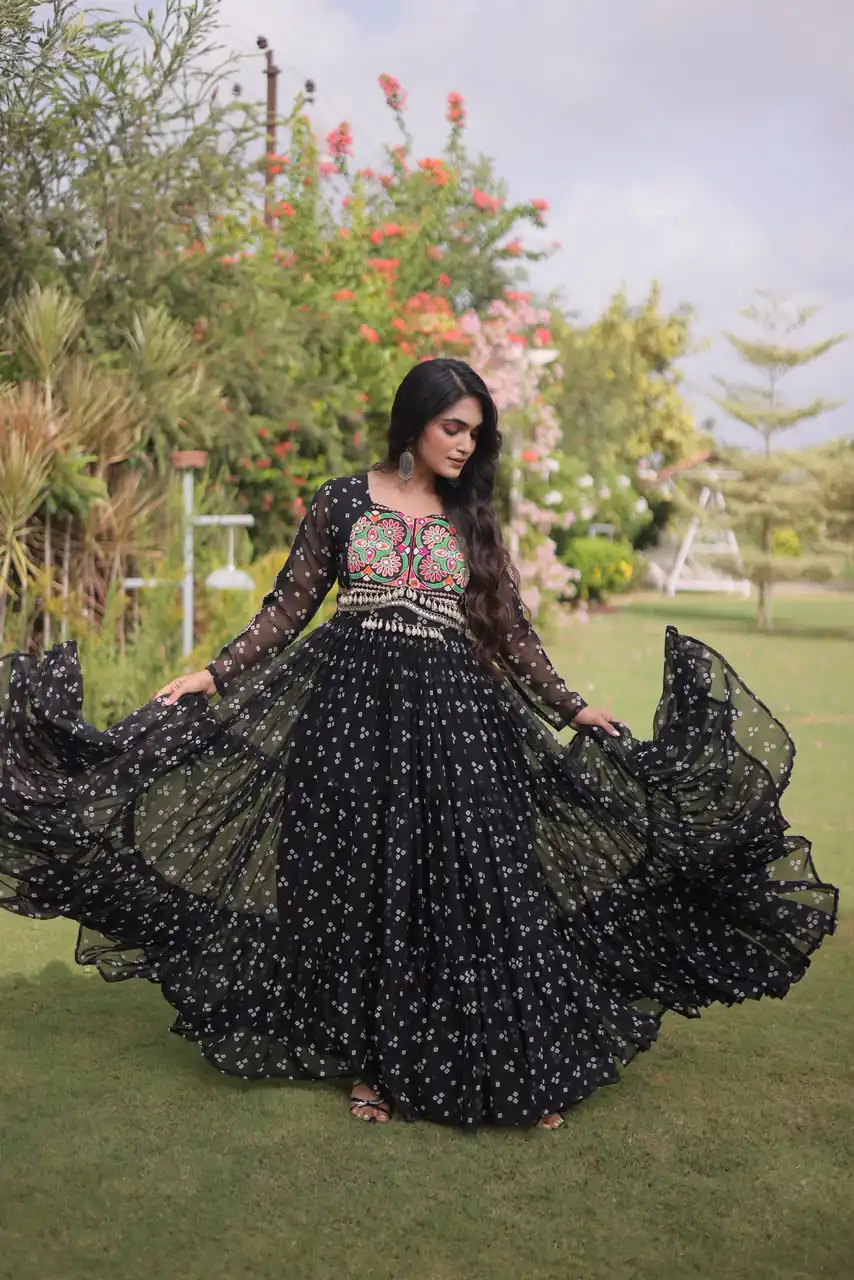 KA 1268 Black in Colour Faux Georgette Bandhani Print Work Gown. Available at ₹2119 only. Delivery 4-6 Working Days. Shop now. | Bollywood Gowns, Creative Gowns, Designer Gowns, Embroidered Gowns, Gowns, Party Wear Gowns