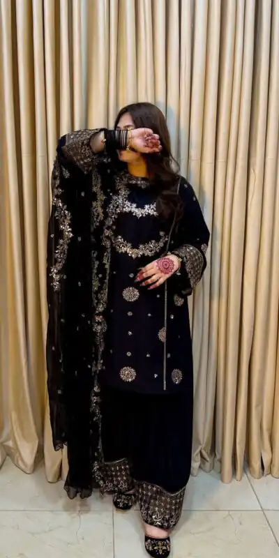 ST 251 Black Faux Georgette Salwar Suit with Mirror Work & Embroidery Work. Get it for ₹2349. Delivery 4-6 Working Days. Shop now. | Jump Suits, Straight Suits, Casual Suits, Creative suits, Designer Suits, Palazzo Suits, Party Wear Suits, Patiala Suits, Salwar suit