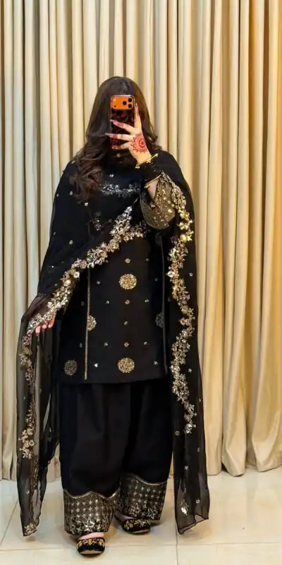 ST 251 Black Faux Georgette Salwar Suit with Mirror Work & Embroidery Work. Get it for ₹2349. Delivery 4-6 Working Days. Shop now. | Jump Suits, Straight Suits, Casual Suits, Creative suits, Designer Suits, Palazzo Suits, Party Wear Suits, Patiala Suits, Salwar suit