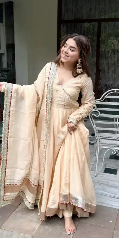 RTC 6048 Cream Tabby Organza Silk Gown with Hand Work & Mirror Work. Special Price ₹2549. Delivery 4-6 Working Days. Shop now. | Bollywood Gowns, Creative Gowns, Designer Gowns, Embroidered Gowns, Gowns, Party Wear Gowns