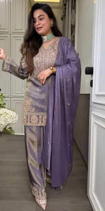 SRK 5367 Lavender Embroidery Work & Sequins Work Salwar Suit in Peach Ronald Silk. Get it for ₹2349. Delivery 4-6 Working Days. Shop now. | Jump Suits, Straight Suits, Casual Suits, Creative suits, Designer Suits, Palazzo Suits, Party Wear Suits, Patiala Suits, Salwar suit