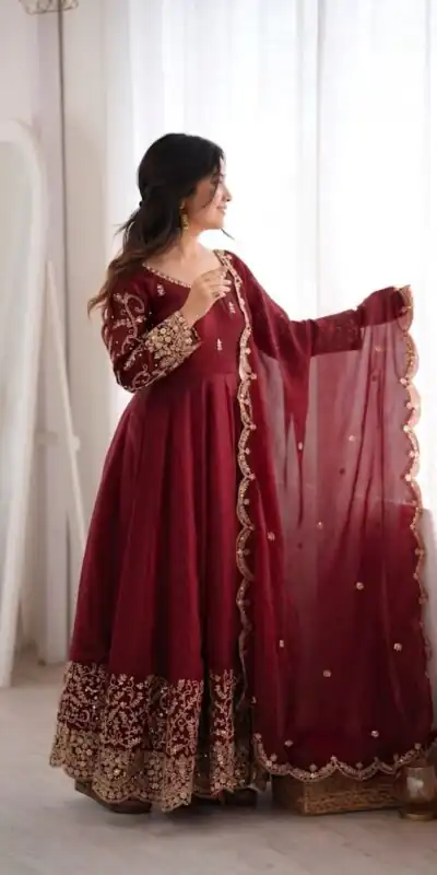 ZSR 3185 Maroon Fendy Silk Gown with Embroidery Work & Sequins Work. Special Price ₹2399. Delivery 4-6 Working Days. Shop now. | Bollywood Gowns, Creative Gowns, Designer Gowns, Embroidered Gowns, Gowns, Party Wear Gowns