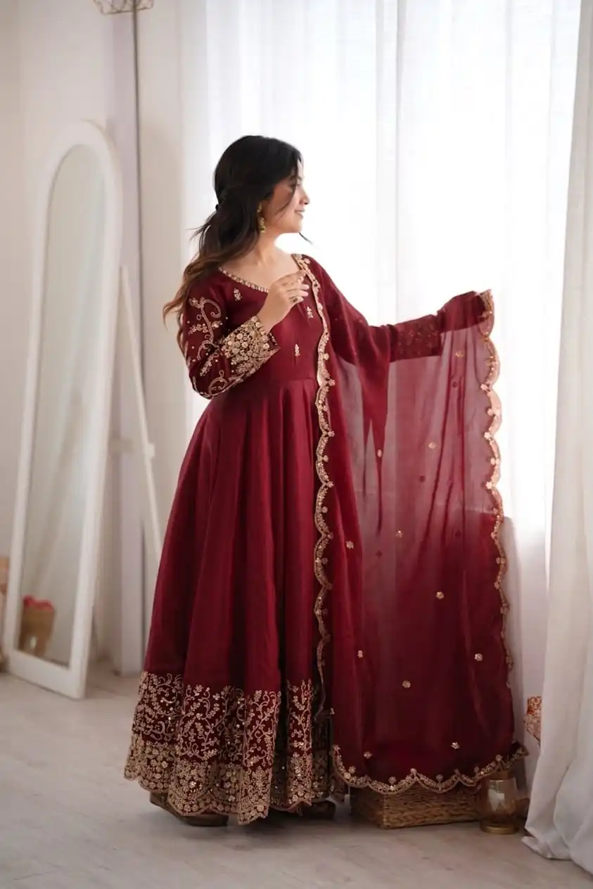 ZSR 3185 Maroon Fendy Silk Gown with Embroidery Work & Sequins Work. Special Price ₹2399. Delivery 4-6 Working Days. Shop now. | Bollywood Gowns, Creative Gowns, Designer Gowns, Embroidered Gowns, Gowns, Party Wear Gowns