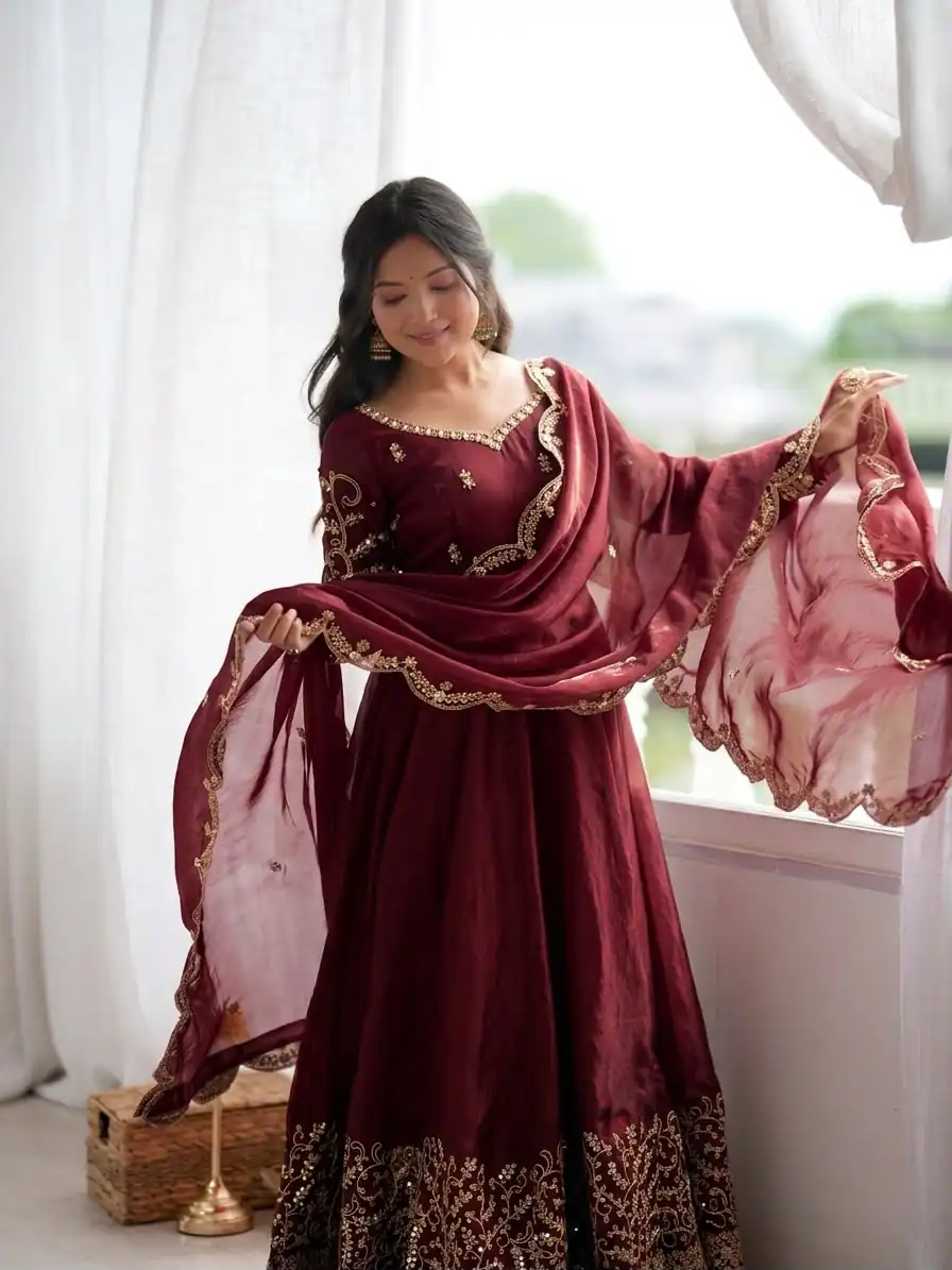 ZSR 3185 Maroon Fendy Silk Gown with Embroidery Work & Sequins Work. Special Price ₹2399. Delivery 4-6 Working Days. Shop now. | Bollywood Gowns, Creative Gowns, Designer Gowns, Embroidered Gowns, Gowns, Party Wear Gowns