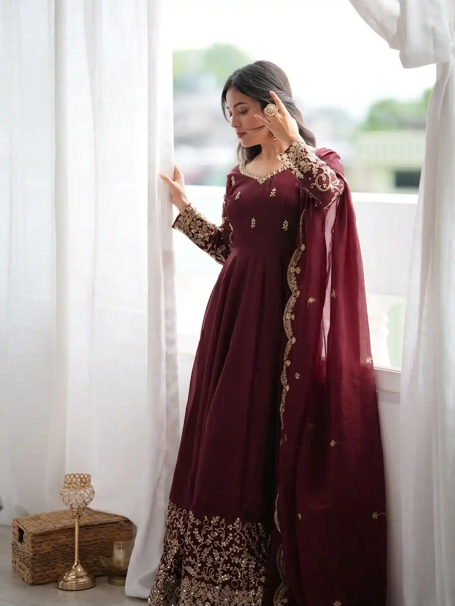 ZSR 3185 Maroon Fendy Silk Gown with Embroidery Work & Sequins Work. Special Price ₹2399. Delivery 4-6 Working Days. Shop now. | Bollywood Gowns, Creative Gowns, Designer Gowns, Embroidered Gowns, Gowns, Party Wear Gowns