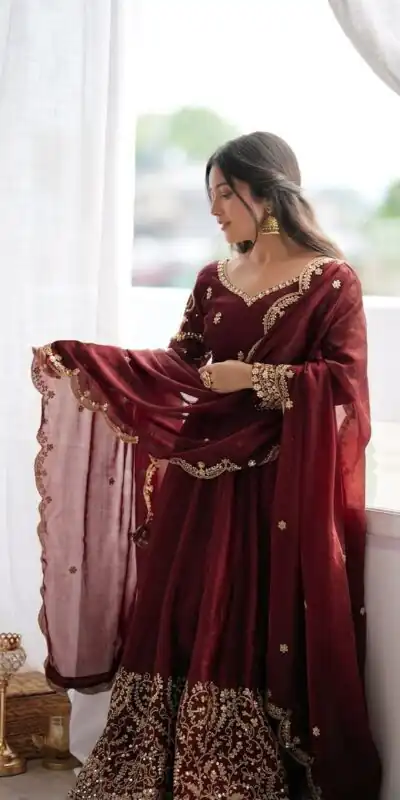 ZSR 3185 Maroon Fendy Silk Gown with Embroidery Work & Sequins Work. Special Price ₹2399. Delivery 4-6 Working Days. Shop now. | Bollywood Gowns, Creative Gowns, Designer Gowns, Embroidered Gowns, Gowns, Party Wear Gowns
