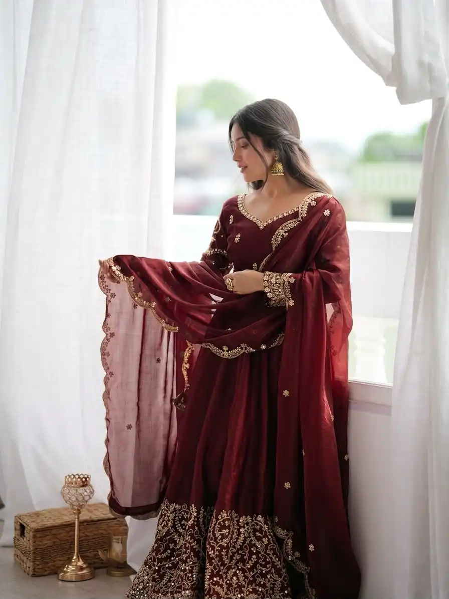 ZSR 3185 Maroon Fendy Silk Gown with Embroidery Work & Sequins Work. Special Price ₹2399. Delivery 4-6 Working Days. Shop now. | Bollywood Gowns, Creative Gowns, Designer Gowns, Embroidered Gowns, Gowns, Party Wear Gowns