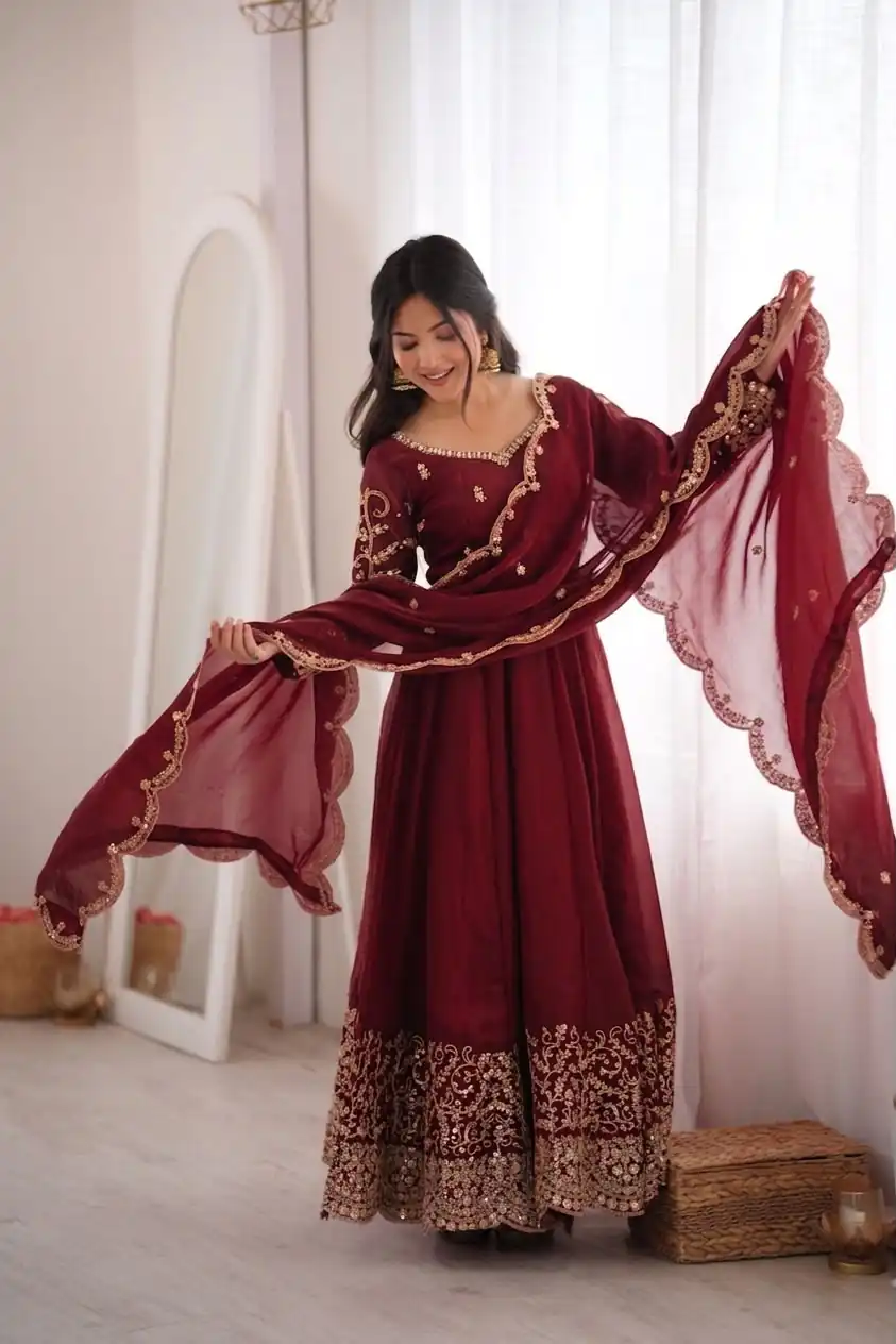 ZSR 3185 Maroon Fendy Silk Gown with Embroidery Work & Sequins Work. Special Price ₹2399. Delivery 4-6 Working Days. Shop now. | Bollywood Gowns, Creative Gowns, Designer Gowns, Embroidered Gowns, Gowns, Party Wear Gowns