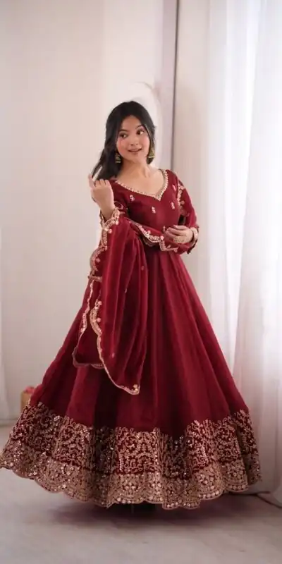 ZSR 3185 Maroon Fendy Silk Gown with Embroidery Work & Sequins Work. Special Price ₹2399. Delivery 4-6 Working Days. Shop now. | Bollywood Gowns, Creative Gowns, Designer Gowns, Embroidered Gowns, Gowns, Party Wear Gowns