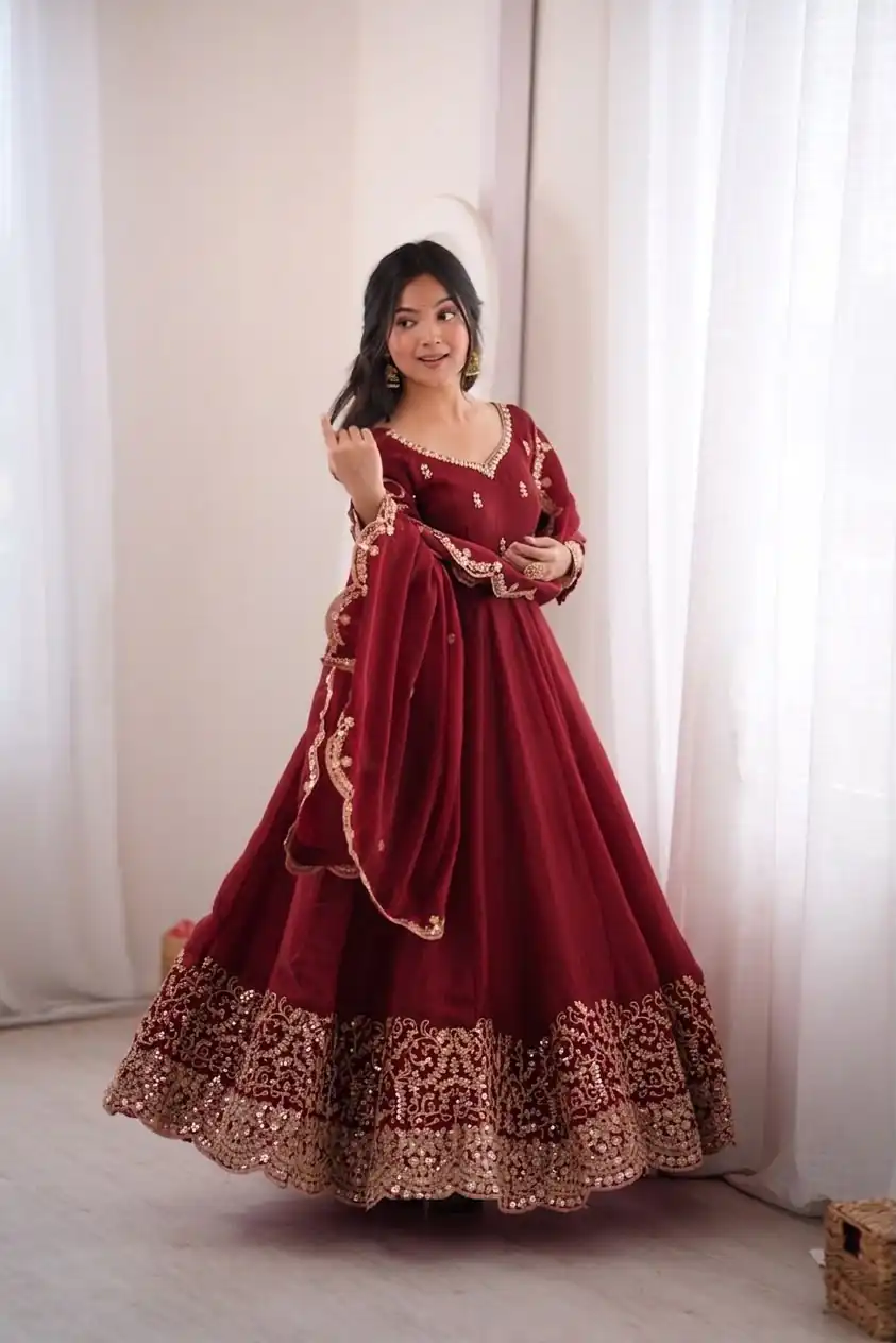 ZSR 3185 Maroon Fendy Silk Gown with Embroidery Work & Sequins Work. Special Price ₹2399. Delivery 4-6 Working Days. Shop now. | Bollywood Gowns, Creative Gowns, Designer Gowns, Embroidered Gowns, Gowns, Party Wear Gowns