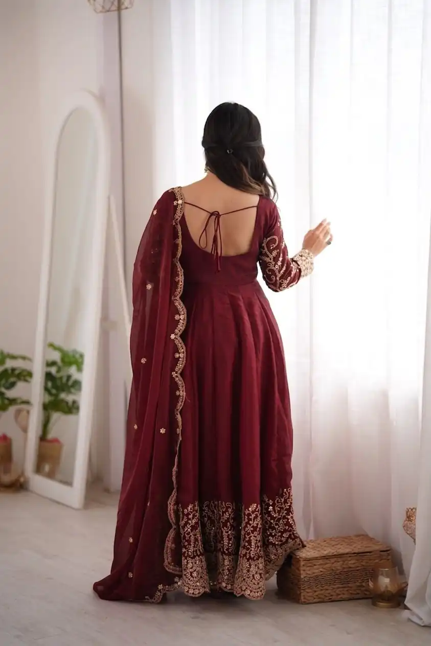ZSR 3185 Maroon Fendy Silk Gown with Embroidery Work & Sequins Work. Special Price ₹2399. Delivery 4-6 Working Days. Shop now. | Bollywood Gowns, Creative Gowns, Designer Gowns, Embroidered Gowns, Gowns, Party Wear Gowns