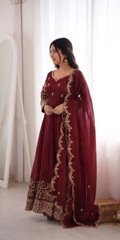 ZSR 3185 Maroon Fendy Silk Gown with Embroidery Work & Sequins Work. Special Price ₹2399. Delivery 4-6 Working Days. Shop now. | Bollywood Gowns, Creative Gowns, Designer Gowns, Embroidered Gowns, Gowns, Party Wear Gowns
