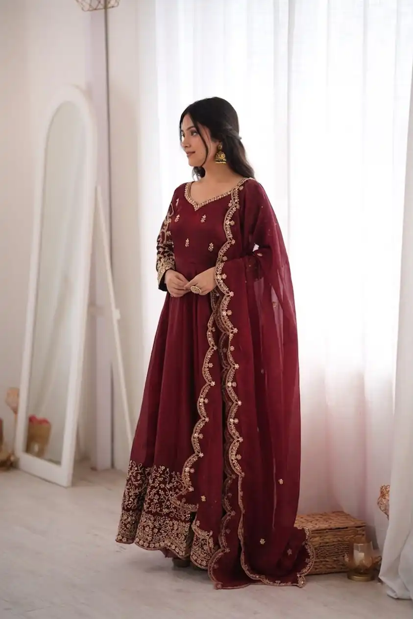 ZSR 3185 Maroon Fendy Silk Gown with Embroidery Work & Sequins Work. Special Price ₹2399. Delivery 4-6 Working Days. Shop now. | Bollywood Gowns, Creative Gowns, Designer Gowns, Embroidered Gowns, Gowns, Party Wear Gowns