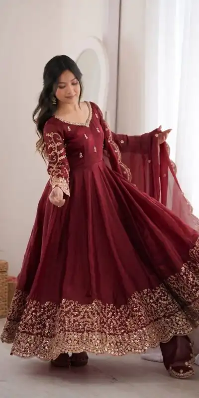 ZSR 3185 Maroon Fendy Silk Gown with Embroidery Work & Sequins Work. Special Price ₹2399. Delivery 4-6 Working Days. Shop now. | Bollywood Gowns, Creative Gowns, Designer Gowns, Embroidered Gowns, Gowns, Party Wear Gowns