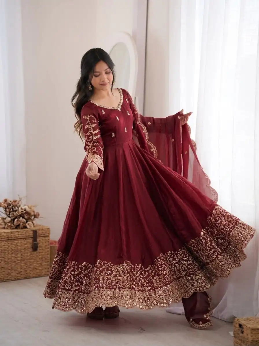 ZSR 3185 Maroon Fendy Silk Gown with Embroidery Work & Sequins Work. Special Price ₹2399. Delivery 4-6 Working Days. Shop now. | Bollywood Gowns, Creative Gowns, Designer Gowns, Embroidered Gowns, Gowns, Party Wear Gowns