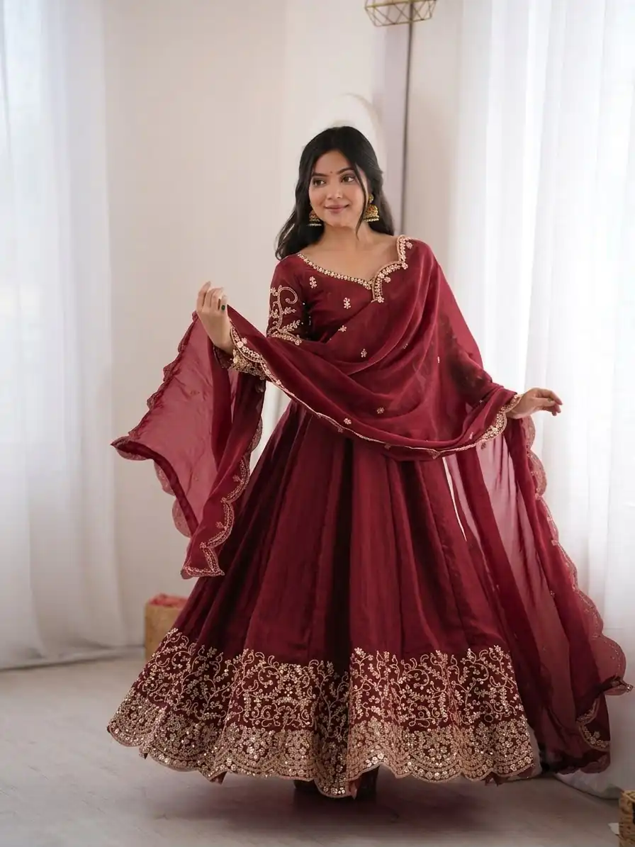 ZSR 3185 Maroon Fendy Silk Gown with Embroidery Work & Sequins Work. Special Price ₹2399. Delivery 4-6 Working Days. Shop now. | Bollywood Gowns, Creative Gowns, Designer Gowns, Embroidered Gowns, Gowns, Party Wear Gowns