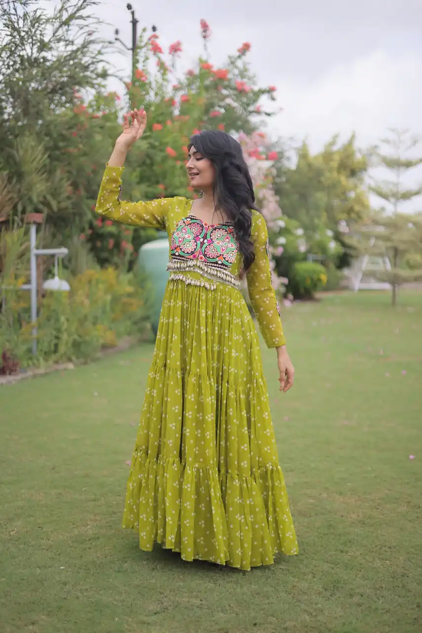 KA 1268 Mehendi in Colour Faux Georgette Bandhani Print Work Gown. Available at ₹2119 only. Delivery 4-6 Working Days. Shop now. | Bollywood Gowns, Creative Gowns, Designer Gowns, Embroidered Gowns, Gowns, Party Wear Gowns