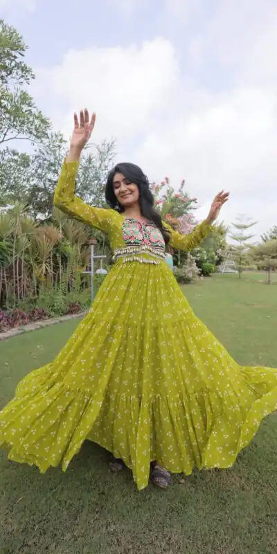KA 1268 Mehendi in Colour Faux Georgette Bandhani Print Work Gown. Available at ₹2119 only. Delivery 4-6 Working Days. Shop now. | Bollywood Gowns, Creative Gowns, Designer Gowns, Embroidered Gowns, Gowns, Party Wear Gowns