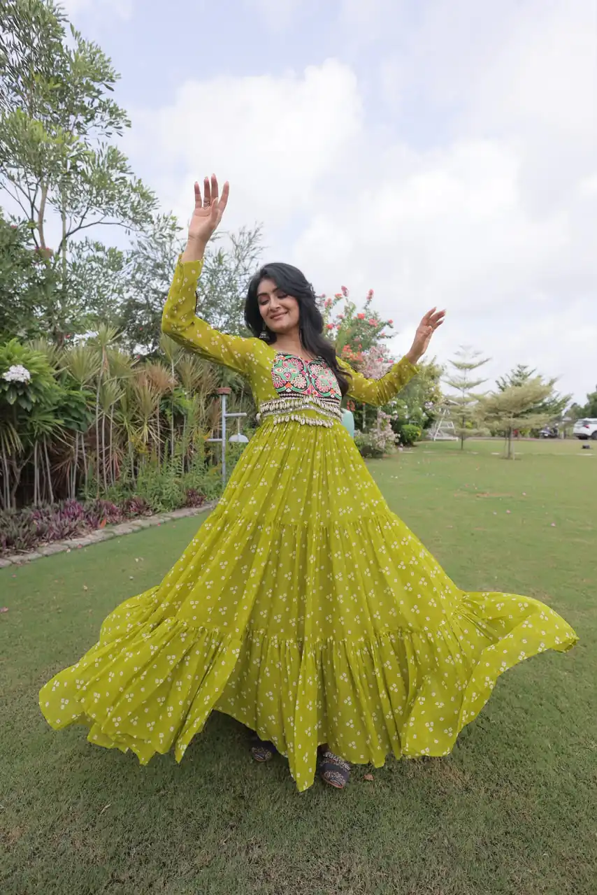 KA 1268 Mehendi in Colour Faux Georgette Bandhani Print Work Gown. Available at ₹2119 only. Delivery 4-6 Working Days. Shop now. | Bollywood Gowns, Creative Gowns, Designer Gowns, Embroidered Gowns, Gowns, Party Wear Gowns