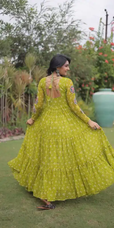 KA 1268 Mehendi in Colour Faux Georgette Bandhani Print Work Gown. Available at ₹2119 only. Delivery 4-6 Working Days. Shop now. | Bollywood Gowns, Creative Gowns, Designer Gowns, Embroidered Gowns, Gowns, Party Wear Gowns