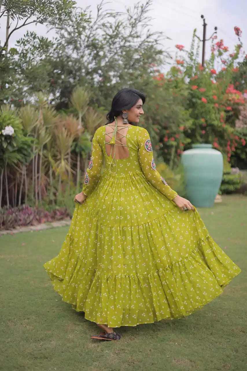 KA 1268 Mehendi in Colour Faux Georgette Bandhani Print Work Gown. Available at ₹2119 only. Delivery 4-6 Working Days. Shop now. | Bollywood Gowns, Creative Gowns, Designer Gowns, Embroidered Gowns, Gowns, Party Wear Gowns
