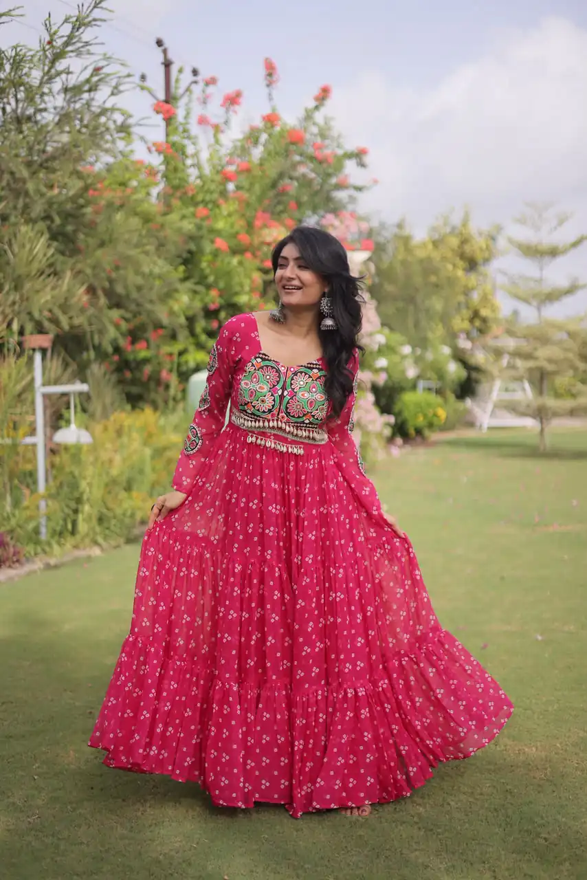 KA 1268 Pink in Colour Faux Georgette Bandhani Print Work Gown. Available at ₹2119 only. Delivery 4-6 Working Days. Shop now. | Bollywood Gowns, Creative Gowns, Designer Gowns, Embroidered Gowns, Gowns, Party Wear Gowns