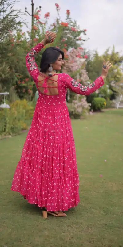 KA 1268 Pink in Colour Faux Georgette Bandhani Print Work Gown. Available at ₹2119 only. Delivery 4-6 Working Days. Shop now. | Bollywood Gowns, Creative Gowns, Designer Gowns, Embroidered Gowns, Gowns, Party Wear Gowns