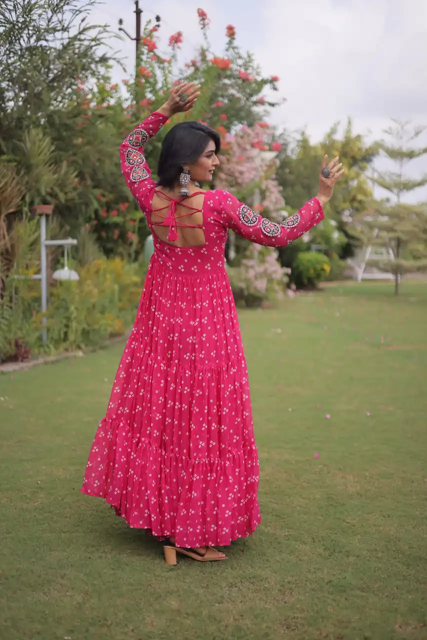 KA 1268 Pink in Colour Faux Georgette Bandhani Print Work Gown. Available at ₹2119 only. Delivery 4-6 Working Days. Shop now. | Bollywood Gowns, Creative Gowns, Designer Gowns, Embroidered Gowns, Gowns, Party Wear Gowns