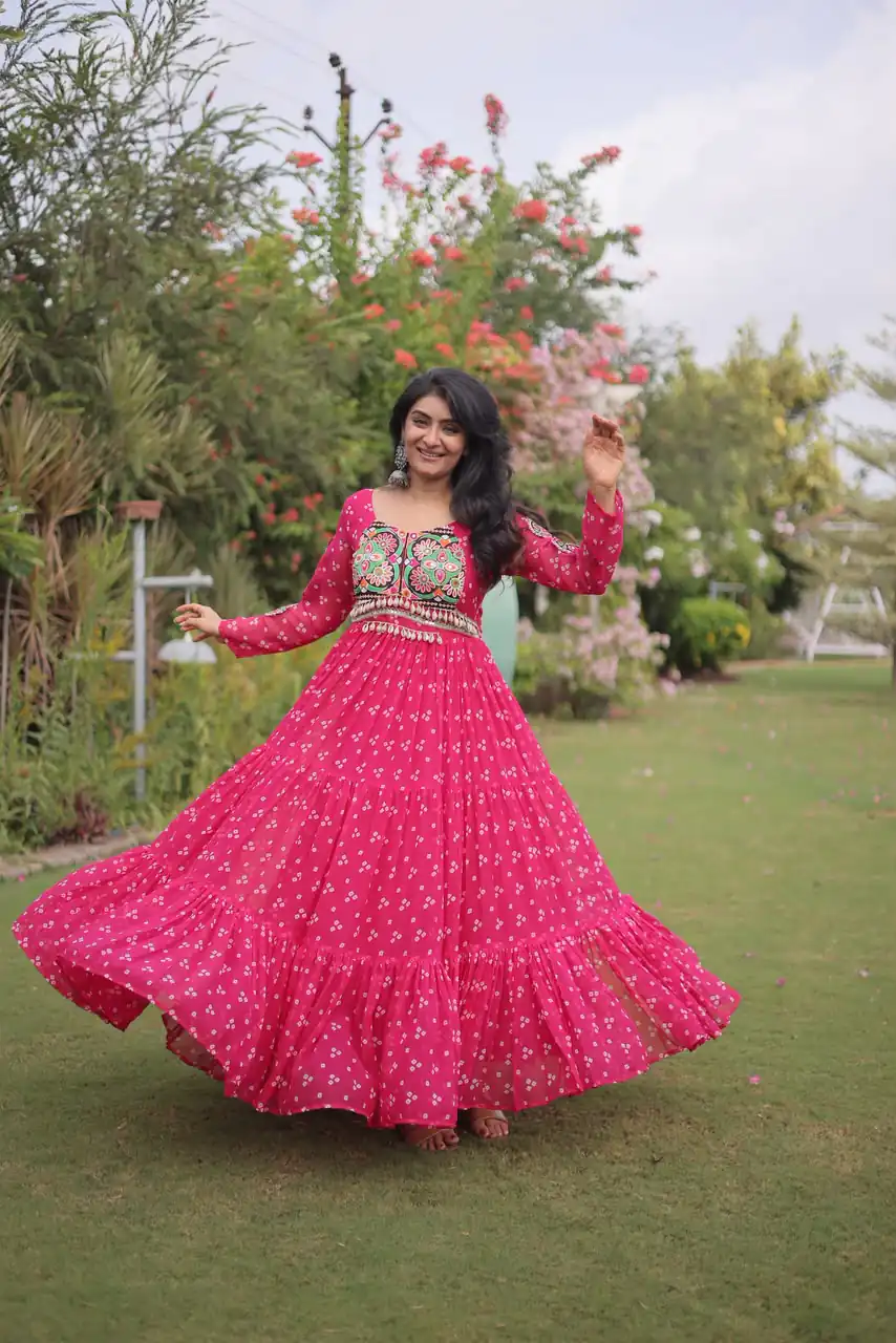 KA 1268 Pink in Colour Faux Georgette Bandhani Print Work Gown. Available at ₹2119 only. Delivery 4-6 Working Days. Shop now. | Bollywood Gowns, Creative Gowns, Designer Gowns, Embroidered Gowns, Gowns, Party Wear Gowns