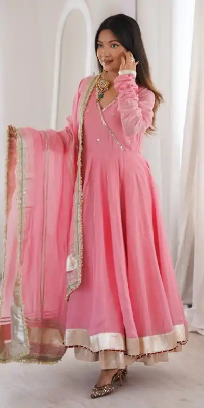 RTC 6048 Pink Tabby Organza Silk Gown with Hand Work & Mirror Work. Special Price ₹2549. Delivery 4-6 Working Days. Shop now. | Bollywood Gowns, Creative Gowns, Designer Gowns, Embroidered Gowns, Gowns, Party Wear Gowns