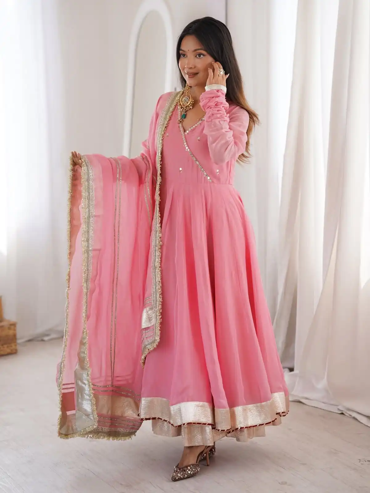 RTC 6048 Pink Tabby Organza Silk Gown with Hand Work & Mirror Work. Special Price ₹2549. Delivery 4-6 Working Days. Shop now. | Bollywood Gowns, Creative Gowns, Designer Gowns, Embroidered Gowns, Gowns, Party Wear Gowns