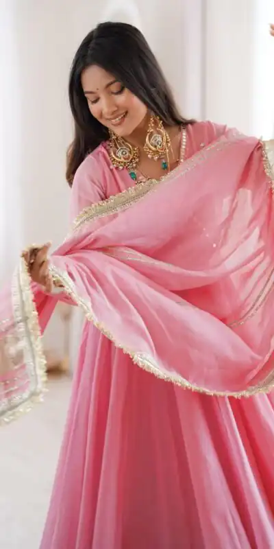 RTC 6048 Pink Tabby Organza Silk Gown with Hand Work & Mirror Work. Special Price ₹2549. Delivery 4-6 Working Days. Shop now. | Bollywood Gowns, Creative Gowns, Designer Gowns, Embroidered Gowns, Gowns, Party Wear Gowns
