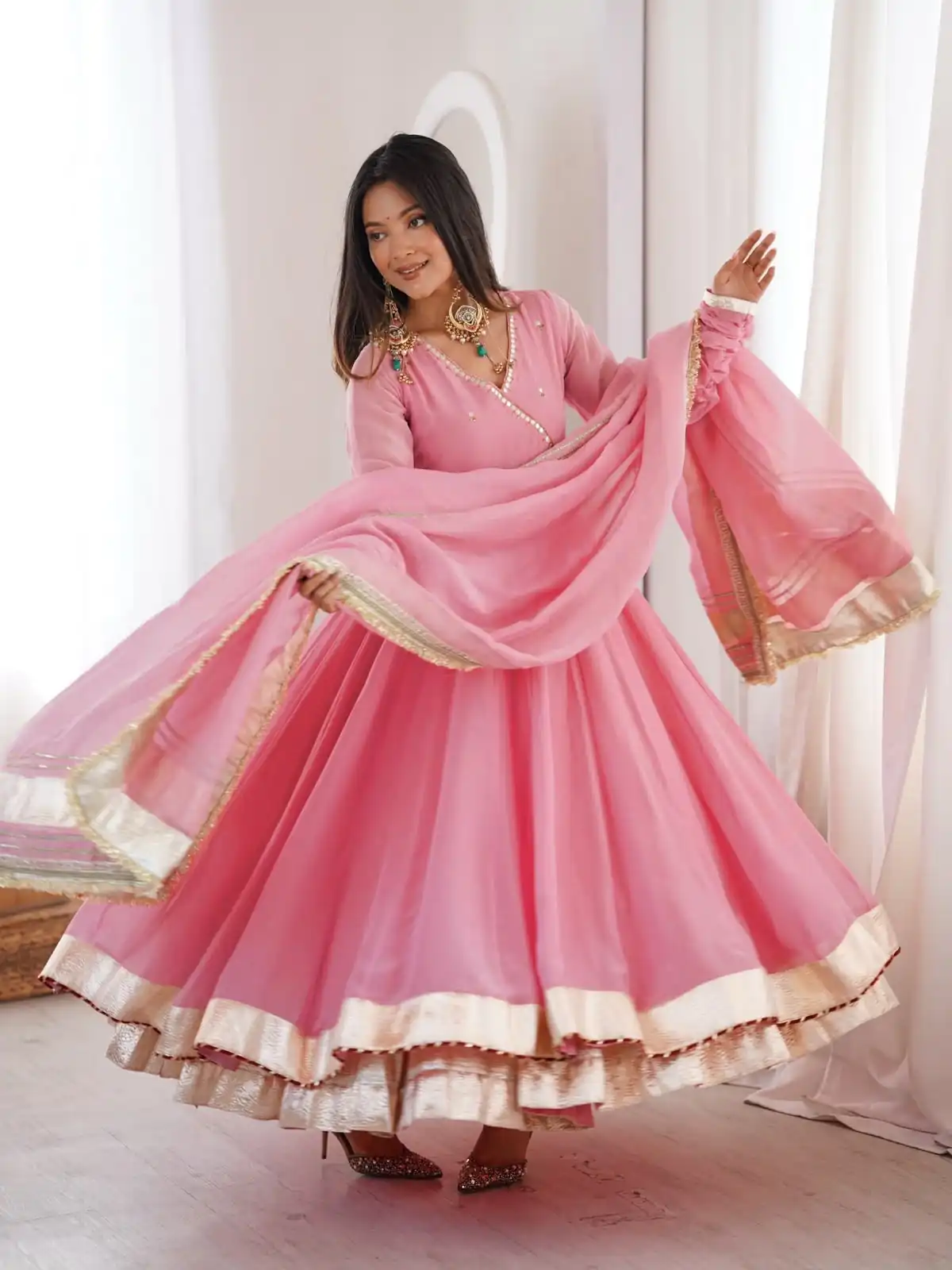 RTC 6048 Pink Tabby Organza Silk Gown with Hand Work & Mirror Work. Special Price ₹2549. Delivery 4-6 Working Days. Shop now. | Bollywood Gowns, Creative Gowns, Designer Gowns, Embroidered Gowns, Gowns, Party Wear Gowns