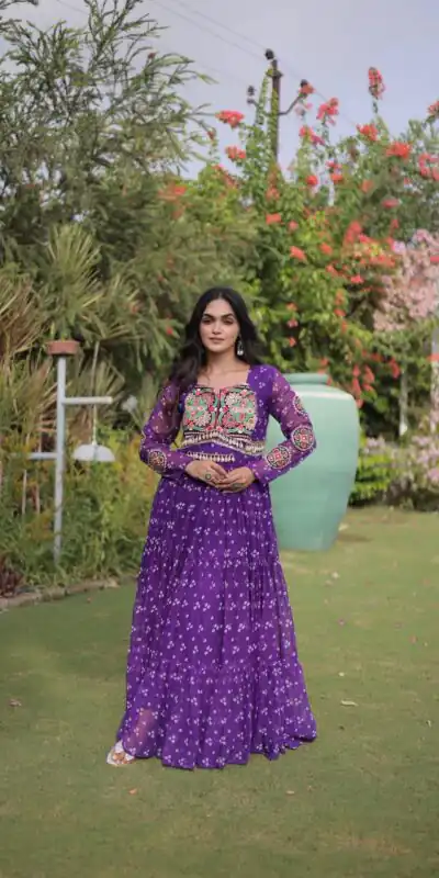 KA 1268 Purple in Colour Faux Georgette Bandhani Print Work Gown. Available at ₹2119 only. Delivery 4-6 Working Days. Shop now. | Bollywood Gowns, Creative Gowns, Designer Gowns, Embroidered Gowns, Gowns, Party Wear Gowns