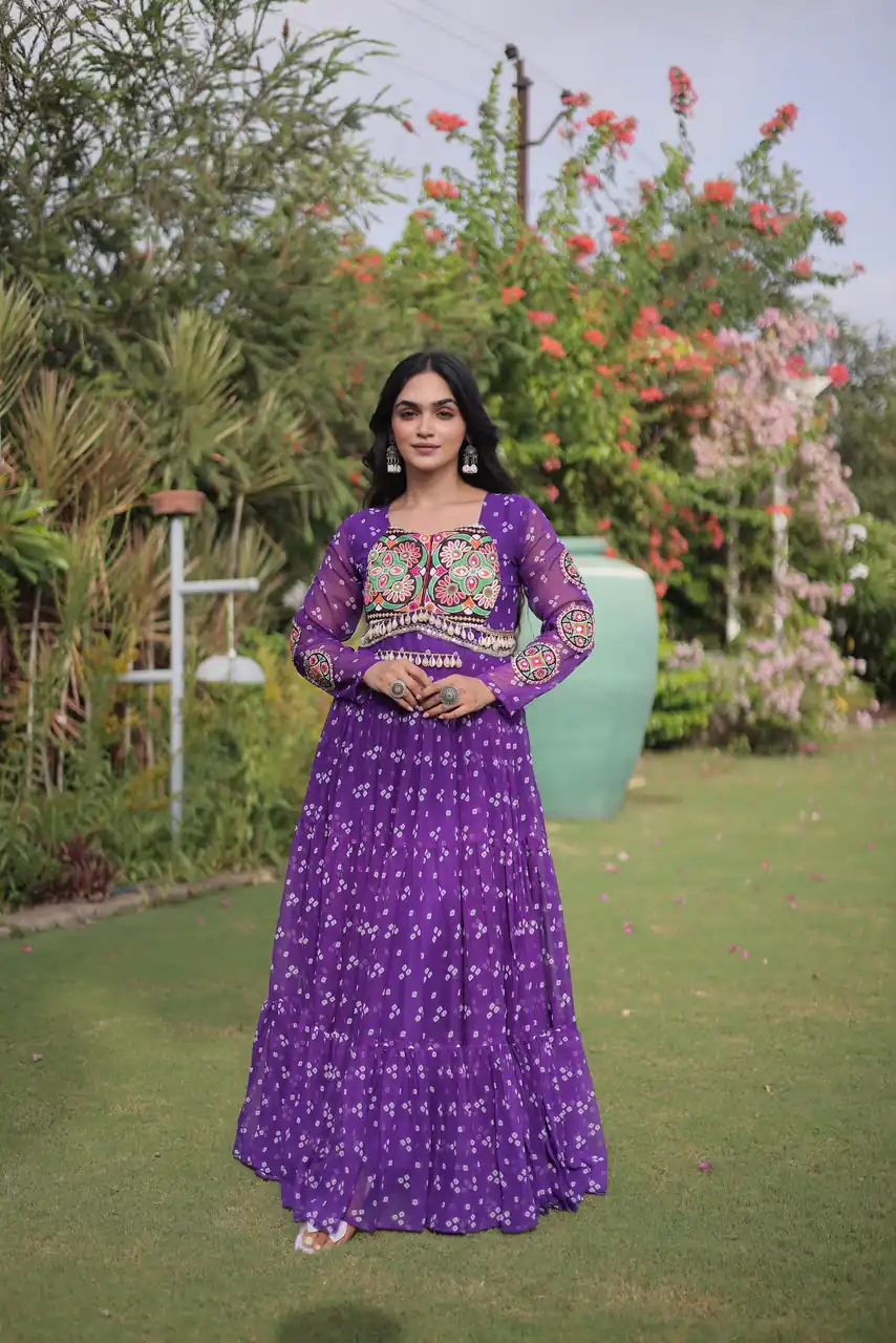KA 1268 Purple in Colour Faux Georgette Bandhani Print Work Gown. Available at ₹2119 only. Delivery 4-6 Working Days. Shop now. | Bollywood Gowns, Creative Gowns, Designer Gowns, Embroidered Gowns, Gowns, Party Wear Gowns