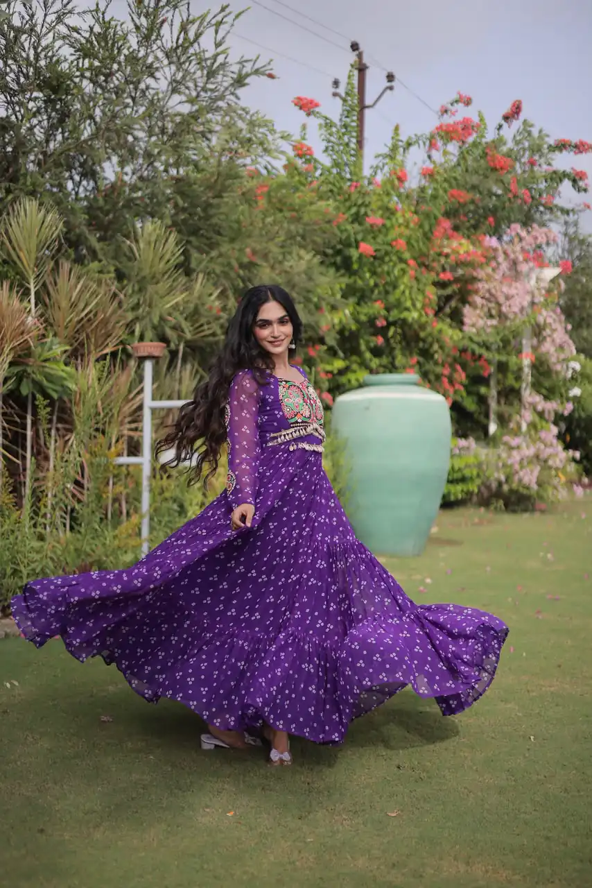 KA 1268 Purple in Colour Faux Georgette Bandhani Print Work Gown. Available at ₹2119 only. Delivery 4-6 Working Days. Shop now. | Bollywood Gowns, Creative Gowns, Designer Gowns, Embroidered Gowns, Gowns, Party Wear Gowns