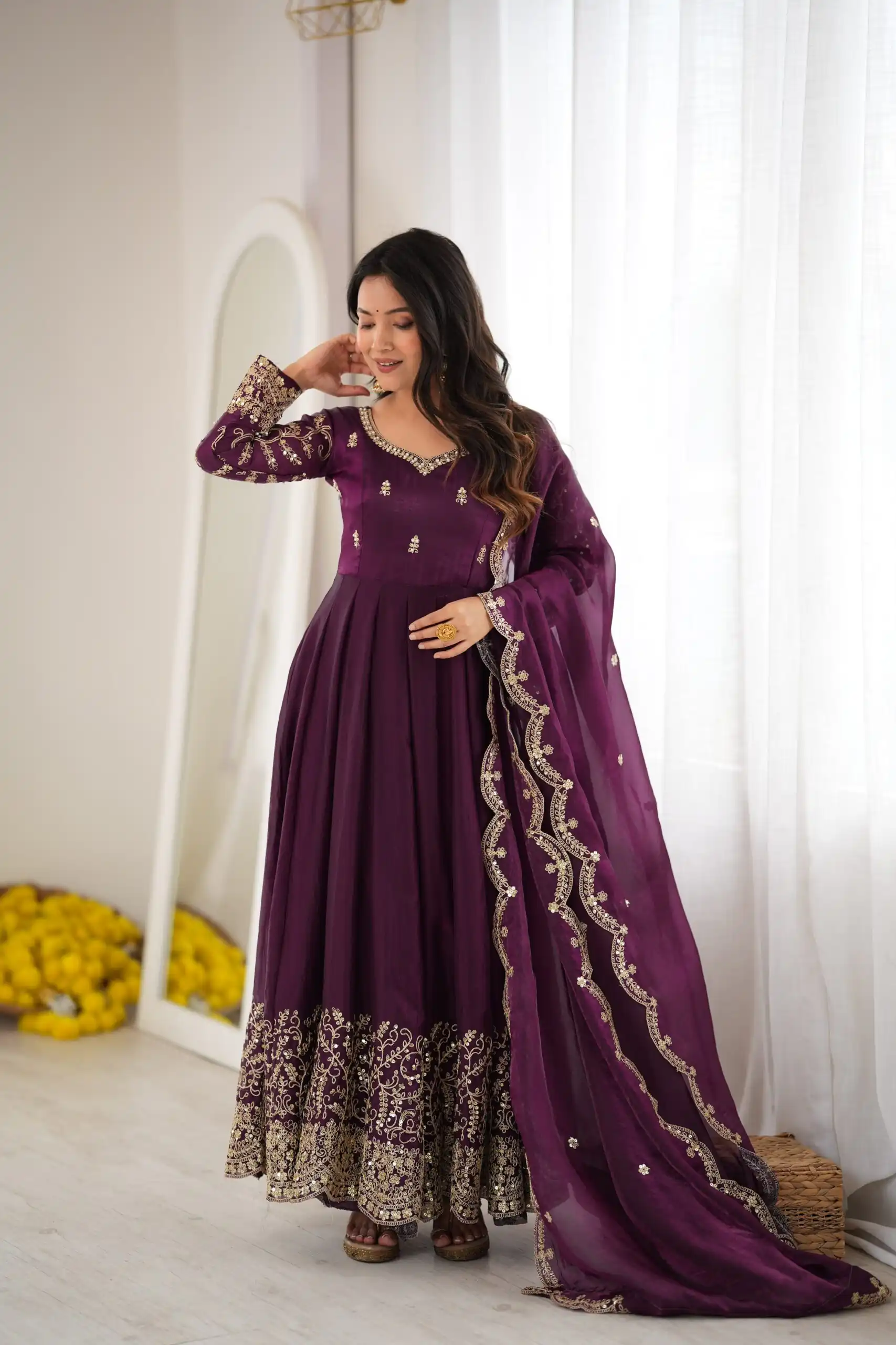ZSR 3185 Wine Fendy Silk Gown with Embroidery Work & Sequins Work. Special Price ₹2399. Delivery 4-6 Working Days. Shop now. | Bollywood Gowns, Creative Gowns, Designer Gowns, Embroidered Gowns, Gowns, Party Wear Gowns