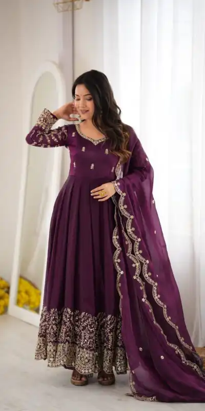 ZSR 3185 Wine Fendy Silk Gown with Embroidery Work & Sequins Work. Special Price ₹2399. Delivery 4-6 Working Days. Shop now. | Bollywood Gowns, Creative Gowns, Designer Gowns, Embroidered Gowns, Gowns, Party Wear Gowns