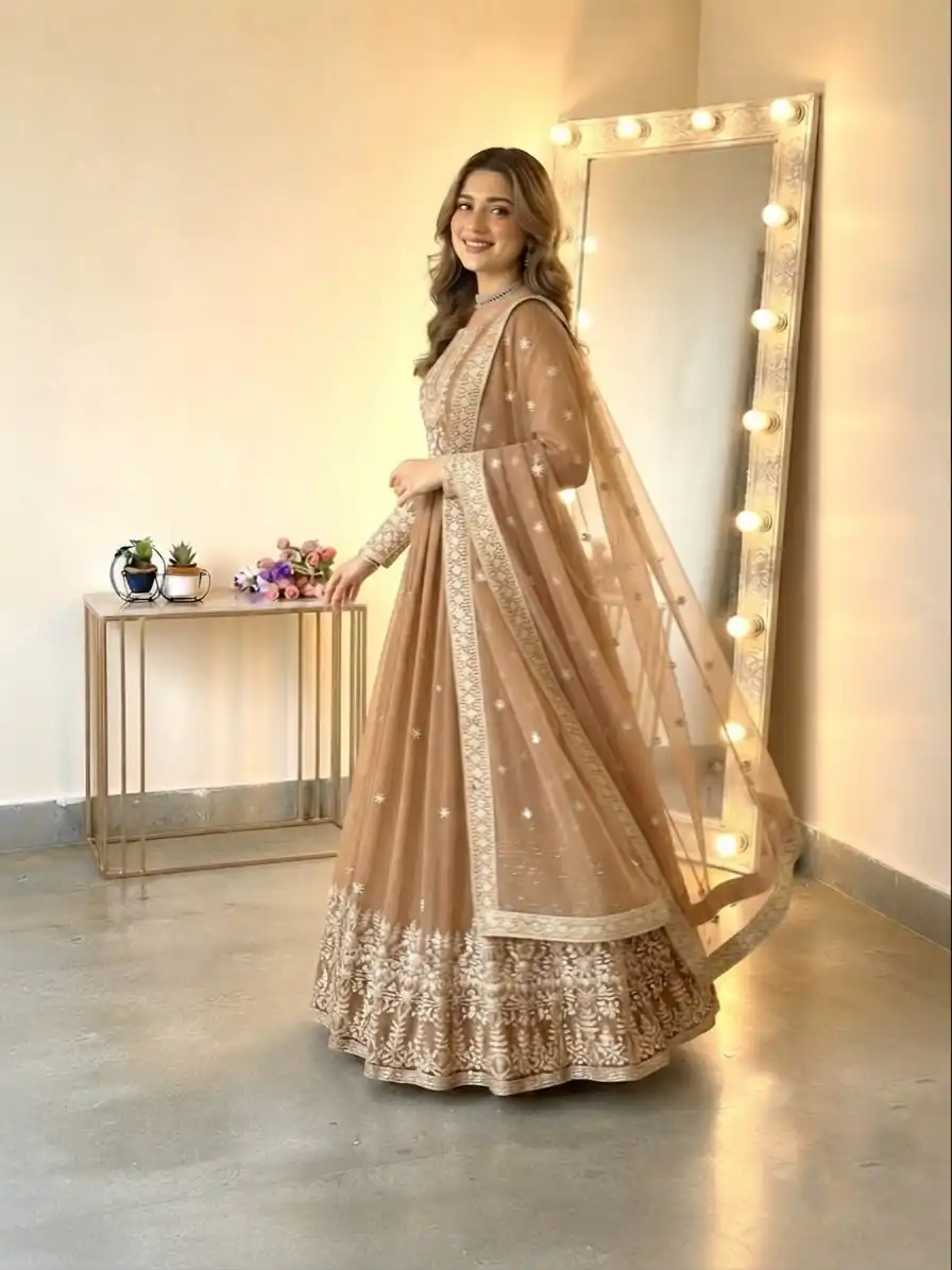 SSR 546 Chiku in Georgette Embroidery Work & Sequins Work Gown . Get it for ₹2149. Delivery 4-6 Working Days. Online Shop now. | Bollywood Gowns, Creative Gowns, Designer Gowns, Embroidered Gowns, Gowns, Party Wear Gowns