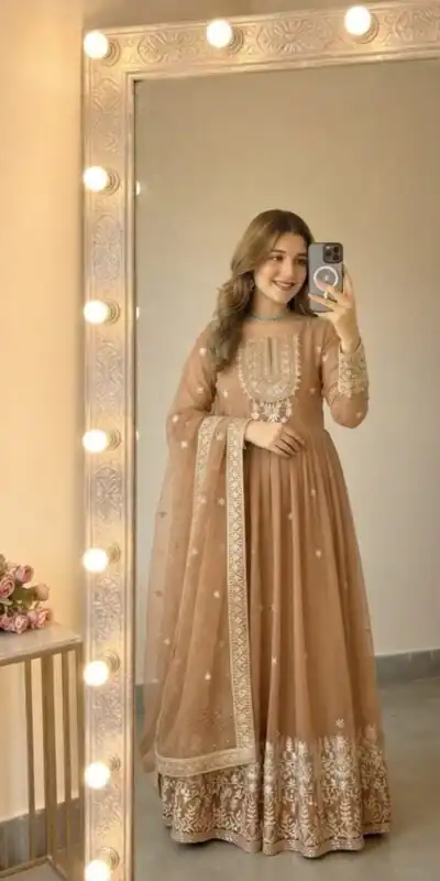 SSR 546 Chiku in Georgette Embroidery Work & Sequins Work Gown . Get it for ₹2149. Delivery 4-6 Working Days. Online Shop now. | Bollywood Gowns, Creative Gowns, Designer Gowns, Embroidered Gowns, Gowns, Party Wear Gowns