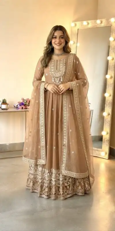 SSR 546 Chiku in Georgette Embroidery Work & Sequins Work Gown . Get it for ₹2149. Delivery 4-6 Working Days. Online Shop now. | Bollywood Gowns, Creative Gowns, Designer Gowns, Embroidered Gowns, Gowns, Party Wear Gowns