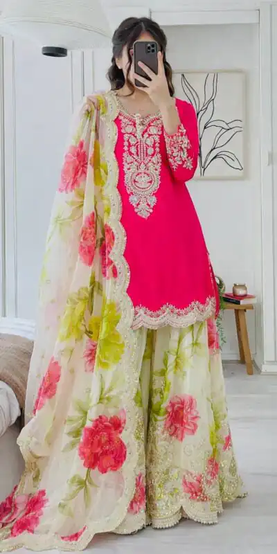 Alternative view of Glowing Pink Chinon Silk Embroider Work Salwar Suit