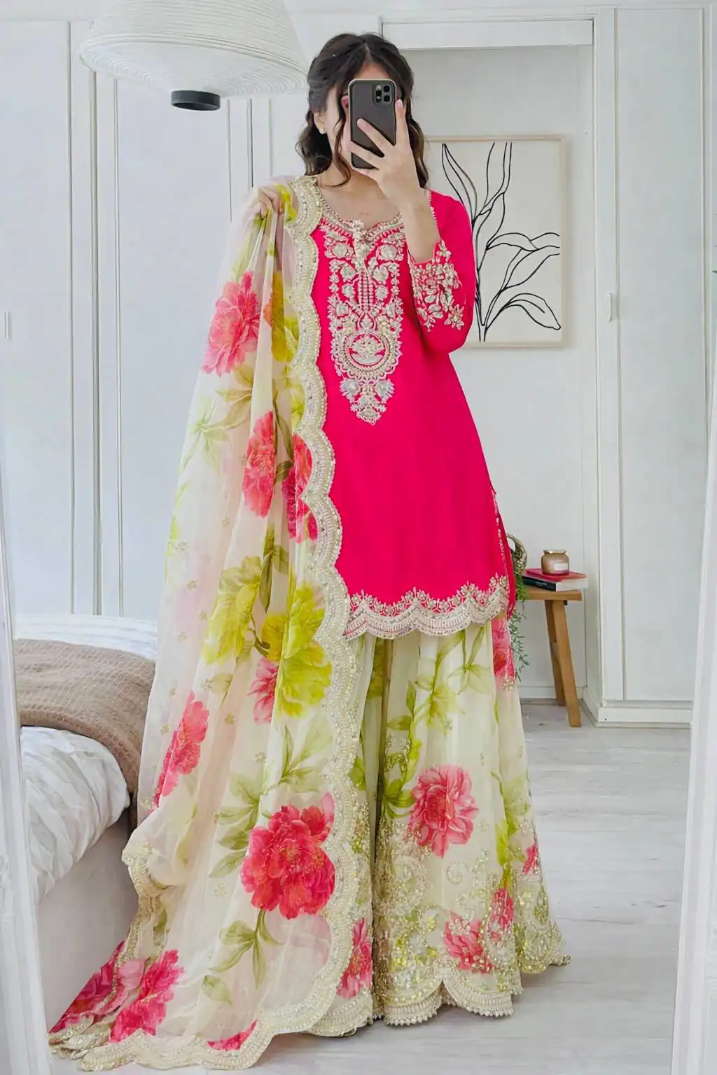 Glowing Pink Chinon Silk Embroider Work Salwar Suit - Image 2