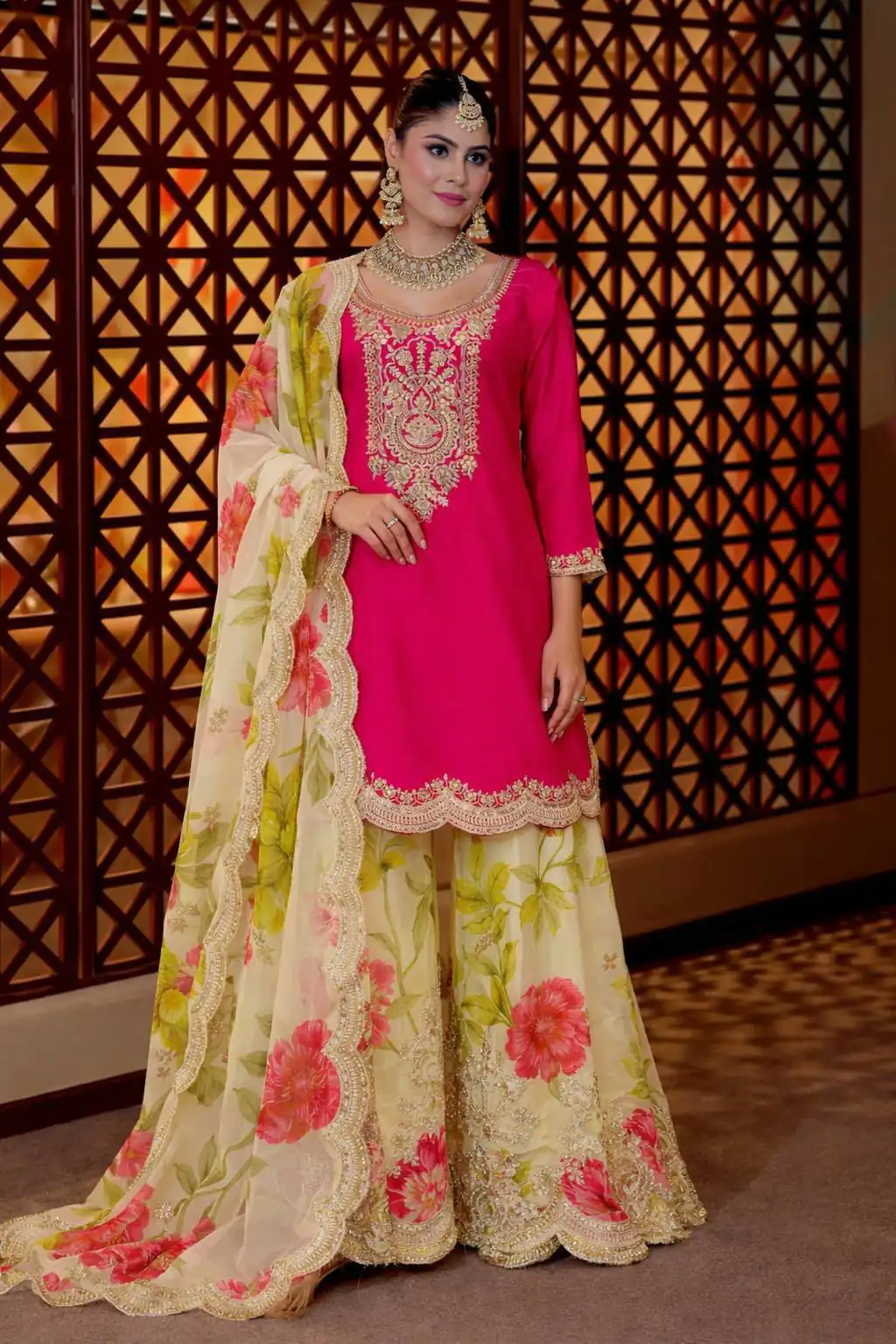 Glowing Pink Chinon Silk Embroider Work Salwar Suit