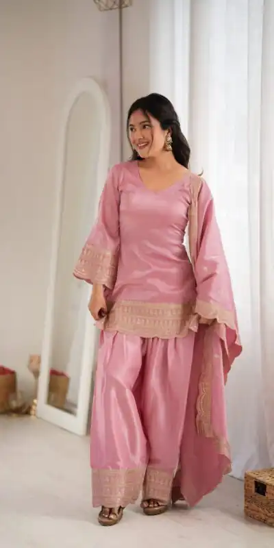 KB 304 Pink in Glass Roman Silk. Sequins Work & Embroidery Work Salwar Suit Festive Deal ₹1999. Delivery 4-6 Working Days. Shop now. | Jump Suits, Straight Suits, Casual Suits, Creative suits, Designer Suits, Palazzo Suits, Party Wear Suits, Patiala Suits, Salwar suit