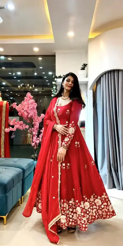 SSR 548 Red Fendy Silk Gown with Sequins Work & Thread Embroidery. Now at just ₹2399. Delivery 4-6 Working Days. Shop now. | Bollywood Gowns, Creative Gowns, Designer Gowns, Embroidered Gowns, Gowns, Party Wear Gowns