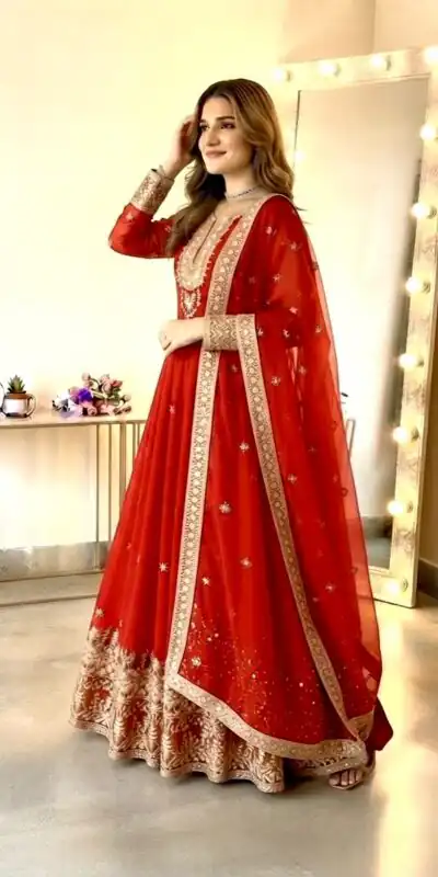 SSR 546 Red in Georgette Embroidery Work & Sequins Work Gown . Get it for ₹2149. Delivery 4-6 Working Days. Online Shop now. | Bollywood Gowns, Creative Gowns, Designer Gowns, Embroidered Gowns, Gowns, Party Wear Gowns