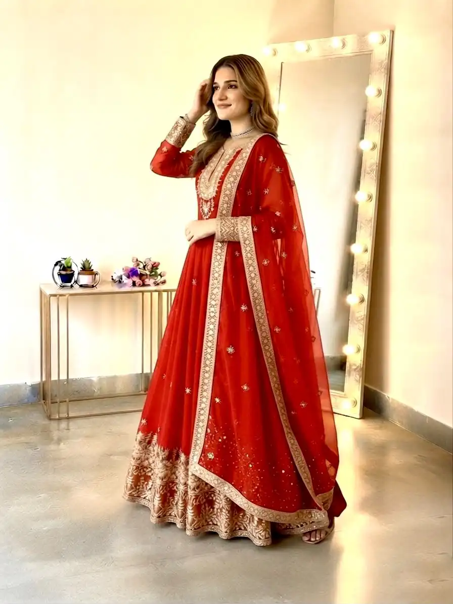 SSR 546 Red in Georgette Embroidery Work & Sequins Work Gown . Get it for ₹2149. Delivery 4-6 Working Days. Online Shop now. | Bollywood Gowns, Creative Gowns, Designer Gowns, Embroidered Gowns, Gowns, Party Wear Gowns