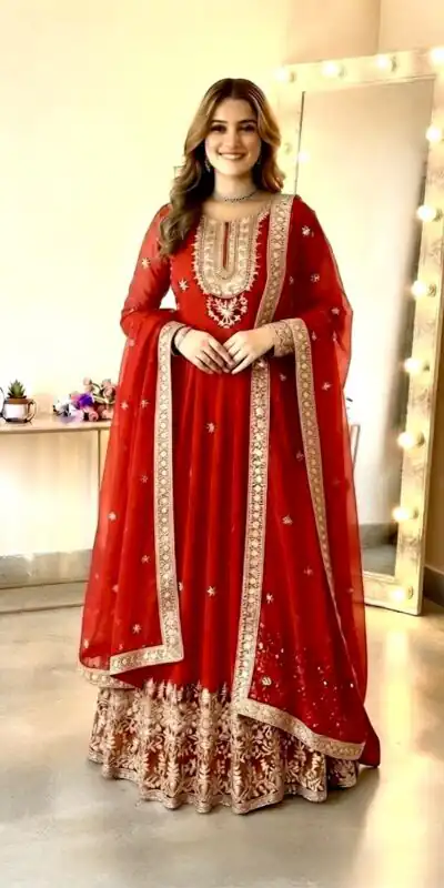 SSR 546 Red in Georgette Embroidery Work & Sequins Work Gown . Get it for ₹2149. Delivery 4-6 Working Days. Online Shop now. | Bollywood Gowns, Creative Gowns, Designer Gowns, Embroidered Gowns, Gowns, Party Wear Gowns