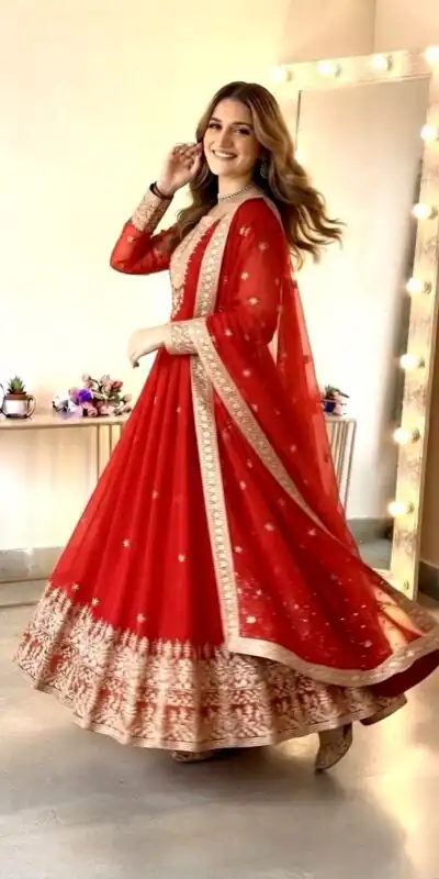 SSR 546 Red in Georgette Embroidery Work & Sequins Work Gown . Get it for ₹2149. Delivery 4-6 Working Days. Online Shop now. | Bollywood Gowns, Creative Gowns, Designer Gowns, Embroidered Gowns, Gowns, Party Wear Gowns